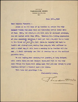 Theodore Debs typed letter signed to Bartolomeo Vanzetti, Terre Haute, Ind., 30 June 1924