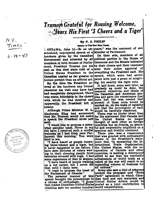 Newspaper Clipping, "Truman Grateful for Rousing Welcome, Hears His First '3 Cheers and a Tiger,'" by P. J. Philip