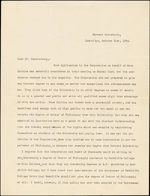 Eliot, Charles William, 1834-1926 typed letter signed to Hugo Münsterberg, Cambridge, Mass., 31 October 1894