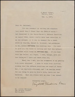 Elizabeth Glendower Evans autograph letter signed to Aldino Felicani, Boston, Mass., December 1, 1927