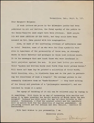 Emma Stockinger typed letter signed to Margaret Shipman, Versailles, Ind., September 6, 1927