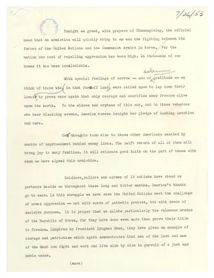 Draft of President Dwight D. Eisenhower's Public Statement on the Korean Armistice