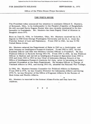 President intends to nominate Edward E. Masters to be Ambassador to the People's Republic of Bangladesh [Position Appointments and Resignations]