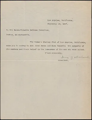 Iona G. Woodward (Woman's Shelley Club) typed note signed to Sacco-Vanzetti Defense Committee, Los Angeles, Calif., September 15, 1927