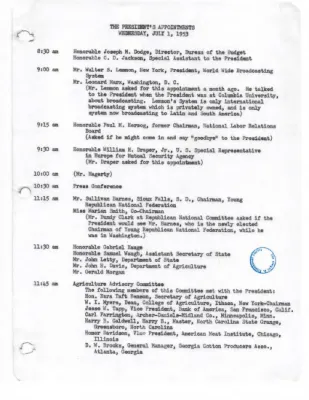 The President's Daily Appointments for July-December 1953