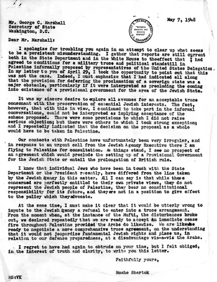 Letter from Moshe Shertok to Secretary of State George C. Marshall
