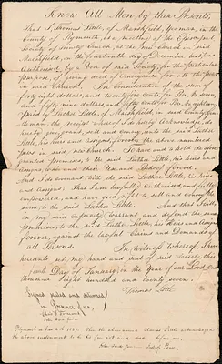 Deed of pew conveyance for pew owner Luther Little, gentleman of Marshfield