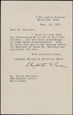 Elizabeth G[lendower] Evans typed note signed to Aldino Felicani, Brookline, Mass., September 25, 1931