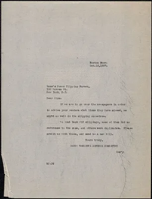 Mary Donovan (Sacco-Vanzetti Defense Committee) typed note (copy) Luce's Press Clipping Bureau, Boston, Mass., October 13, 1927
