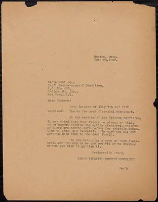 Sacco-Vanzetti Defense Committee typed letter (copy) to Sadie L. Robinson (International Sacco-Vanzetti Committee), Boston, Mass., July 20, 1927