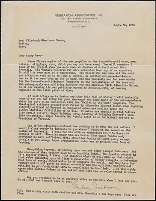 Gardner Jackson (Research Associates, Inc.) typed letter to Elizabeth Glendower Evans, Washington, D. C., September 30,1936