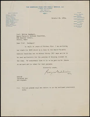 Roger N. Baldwin (American Fund for Public Service) typed letter signed to Felice Guadagni, New York, N.Y., October 22, 1924