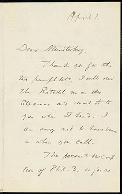 James, William, 1842-1910 autograph letter signed to Hugo Münsterberg, [Cambridge, Mass.], 1 April [190-?]