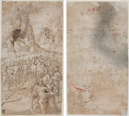 Three Scenes from the Passion of Christ (recto); Architectural Sketch (verso)