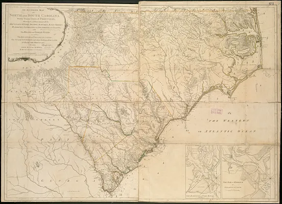 An accurate map of North and South Carolina with their Indian frontiers, shewing in a distinct manner all the mountains, rivers, swamps, marshes, bays, creeks, harbours, sandbanks and soundings on the coasts
