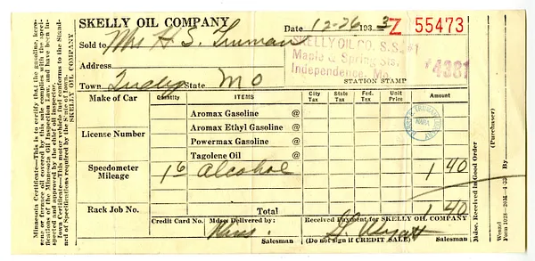 Receipt from Skelly Oil Company to Bess W. Truman