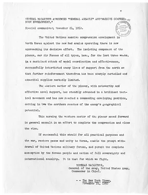 Copy of New York Times Newspaper Article, "General MacArthur Announces General Assault and Massive Compression Envelopment"