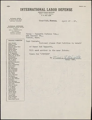 Willis L. Wright (International Labor Defense) typed note signed to Sacco-Vanzetti Defense Committee, Great Falls, Mont., April 27, 1927