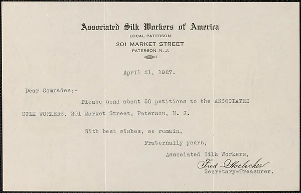 Fred Hoelscher (Associated Silk Workers of America) typed note signed to Sacco-Vanzetti Defense Committee, Baterson, N.J., April 21, 1927