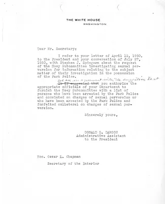 Letter from Donald S. Dawson to Secretary of the Interior Oscar L. Chapman