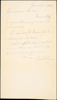 Bartolomeo Vanzetti autographed note signed to Lucia Mancini, [Charlestown], 27 June 1924