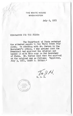Memorandum for the Files from William J. Hopkins, with Attachment and Related Material