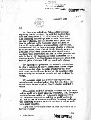 Memorandum of Telephone Conversation with Secretary of State Dean Acheson and Stuart Symington