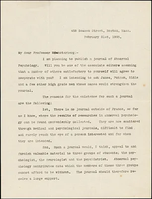 Prince, Morton, 1854-1929 typed letter signed to Hugo Münsterberg, Boston, 21 February 1905