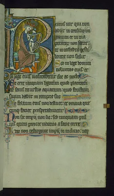 Leaf from Psalter: Psalm 1, Initial B with King David Playing Harp