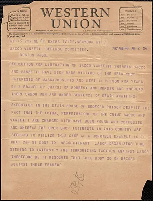 Telegram to Sacco-Vanzetti Defense Committee, New York. N.Y., August 10, 1927