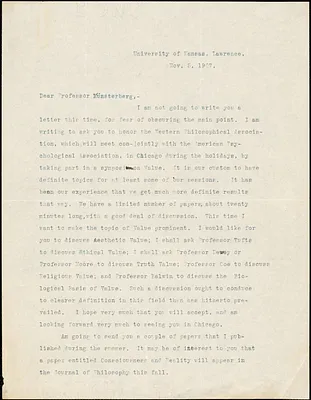 Boodin, John Elof, 1869-1950 typed letter signed to Hugo Münsterberg, Lawrence, Kan., 05 November 1907
