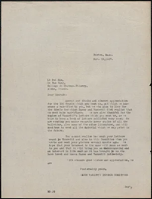 Mary Donovan (Sacco-Vanzetti Defense Committee) typed letter (copy) to Li Pei Kan, Boston, Mass., November 19, 1927
