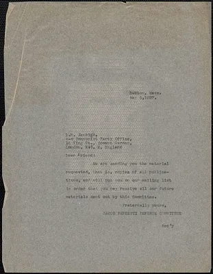 Sacco-Vanzetti Defense Committee typed note (copy) to D. Raymond Jenkins, Boston, Mass., May 5, 1927