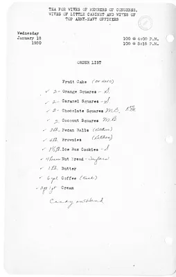 Shopping List for Tea for Wives of Members of Congress, Wives of Little Cabinet and Wives of Top Army-Navy Officers