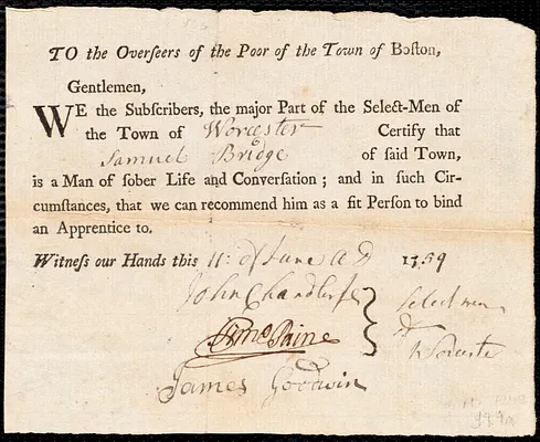 Thomas Craige indentured to apprentice with Samuel Bridge of Worcester, 14 June 1759