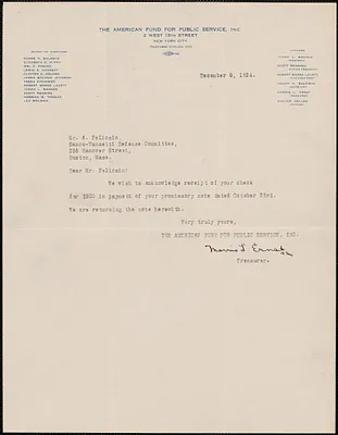 Morris L. Ernst (The American Fund For Public Service, Inc.) typed note signed to Aldino Felicani, New York, N.Y., December 8, 1924