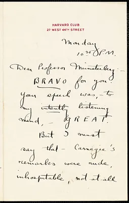 Mott, Lawrence, 1881-1931 autograph letter signed to Hugo Münsterberg, New York, 1907?