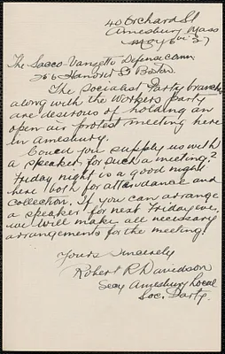 Robert Davidson autograph letter signed to Sacco-Vanzetti Defense Committee, Amsbury, Mass., May 6, 1927
