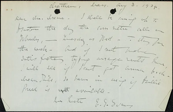 E[lizabeth] G[lendower] Evans autograph note signed to [Fred H.] Moore, Chatham, Mass., August 3, 1924