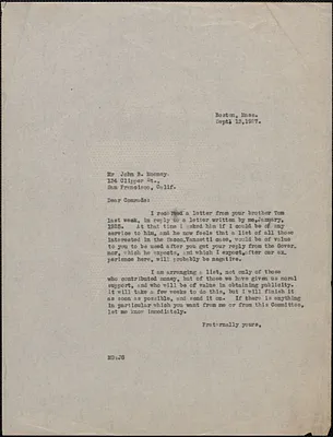 Mary Donovan typed letter (copy) to John B. Mooney, Boston, Mass., September 13, 1927