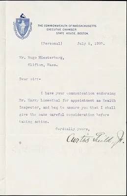 Guild, Curtis, 1860-1915 typed letter signed to Hugo Münsterberg, Boston, 8 July 1907