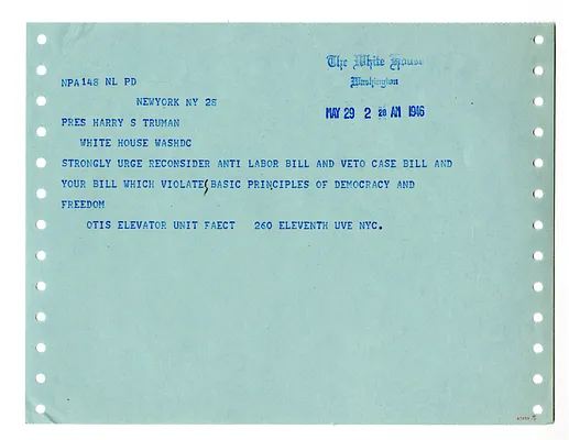 Telegram from the Otis Elevator Unit to President Harry S. Truman