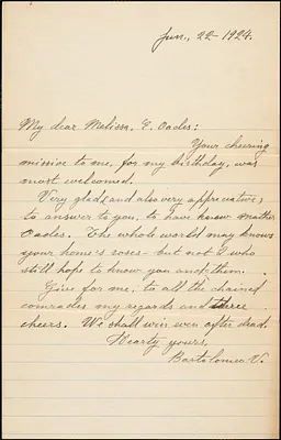 Bartolomeo Vanzetti autographed note signed to Melissa E. Oades: [Charlestown], 26 June 1924
