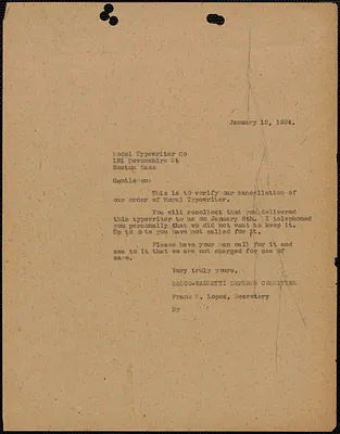 Frank Lopez (Sacco-Vanzetti Defense Committee) typed letter (copy) to Model Typewriter, Boston, Mass., January 12, 1924