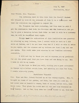 Bartolomeo Vanzetti typed letter (copy) to Gertrude L. Winslow, Charlestown, 8 July 1927