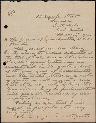 Frederick C. Potter (Humanitarian League of the World) autograph letter signed (copy) to [Alvan T. Fuller], Swansea, South Wales, February 2, 1925