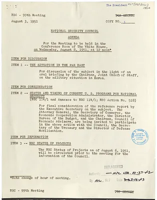 Agenda for the Ninety-Ninth Meeting of the National Security Council