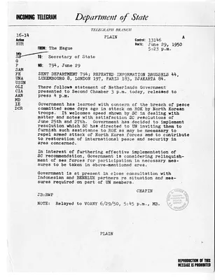 Telegram from Selden Chapin to Secretary of State Dean Acheson
