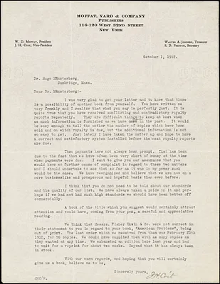 Coit, Joseph Howland, 1863 or 4-1930 typed letter signed to Hugo Münsterberg, New York, 1 October 1912
