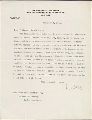 Pritchett, Henry S. (Henry Smith), 1857-1939 typed letter signed to Hugo Münsterberg, New York, 06 November 1911